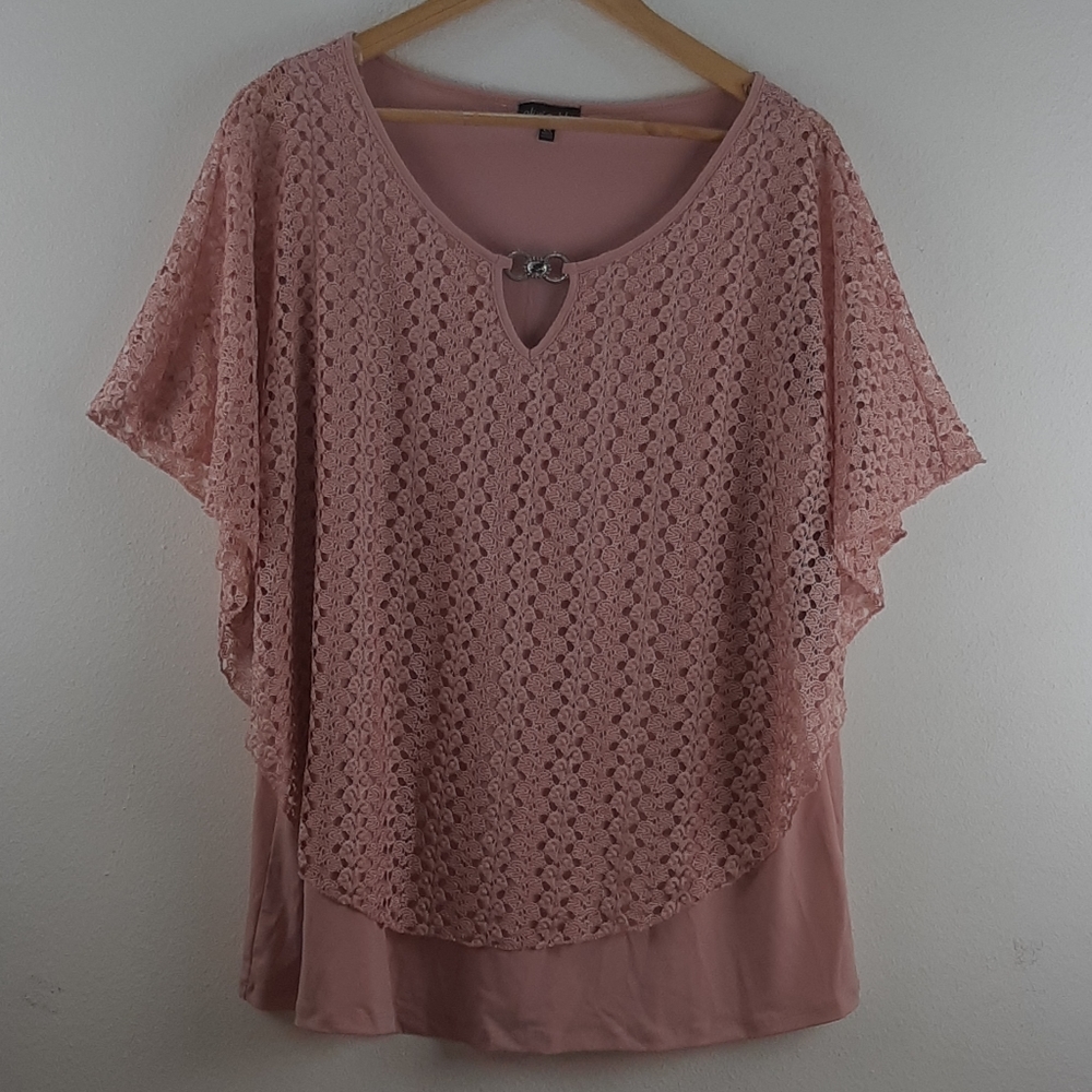 OLIVIA BLU layered lace pink blouse 2x